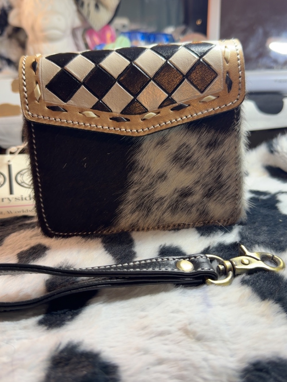 Leather & Haircalf Black and Cream Wristlet Wallet